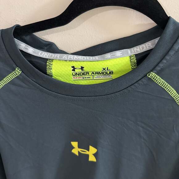 Under Armour HeatGear Long Sleeve Compression Shirt - Gray/Neon Yellow Men's XL - Picture 3 of 4